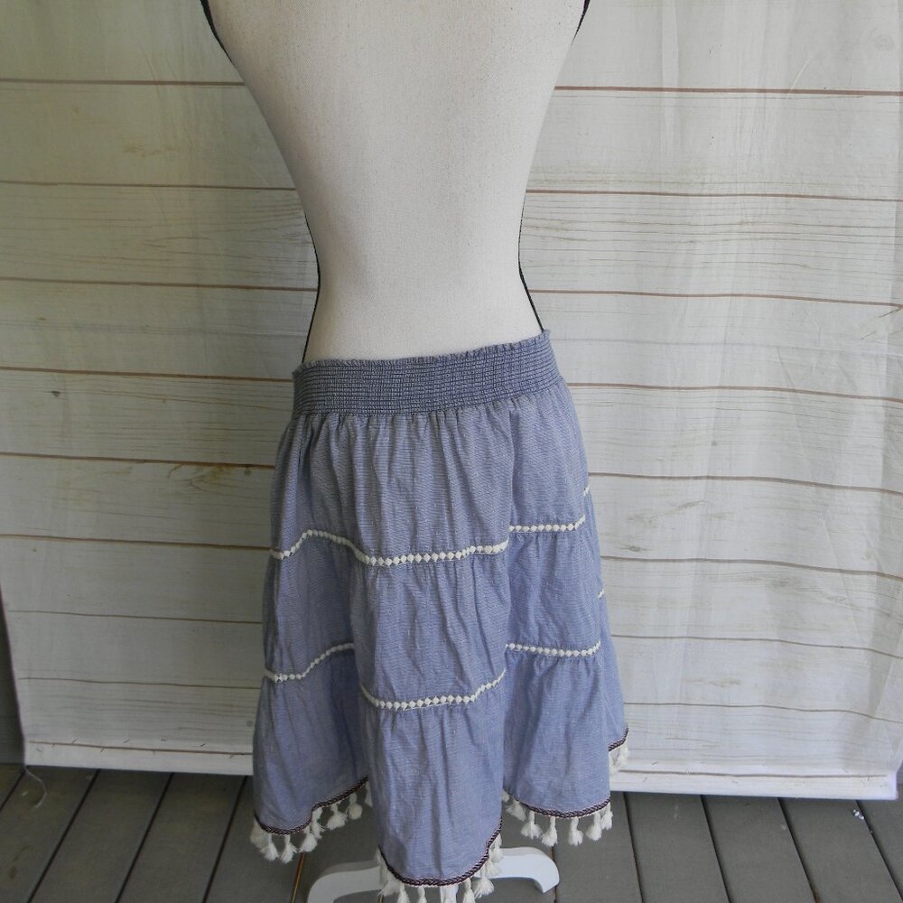 STUDIO WEST BLUE COTTON EYELET FRINGE/TASSEL BOHO PULL-ON AIRY BREEZY SKIRT XL - Picture 3 of 4